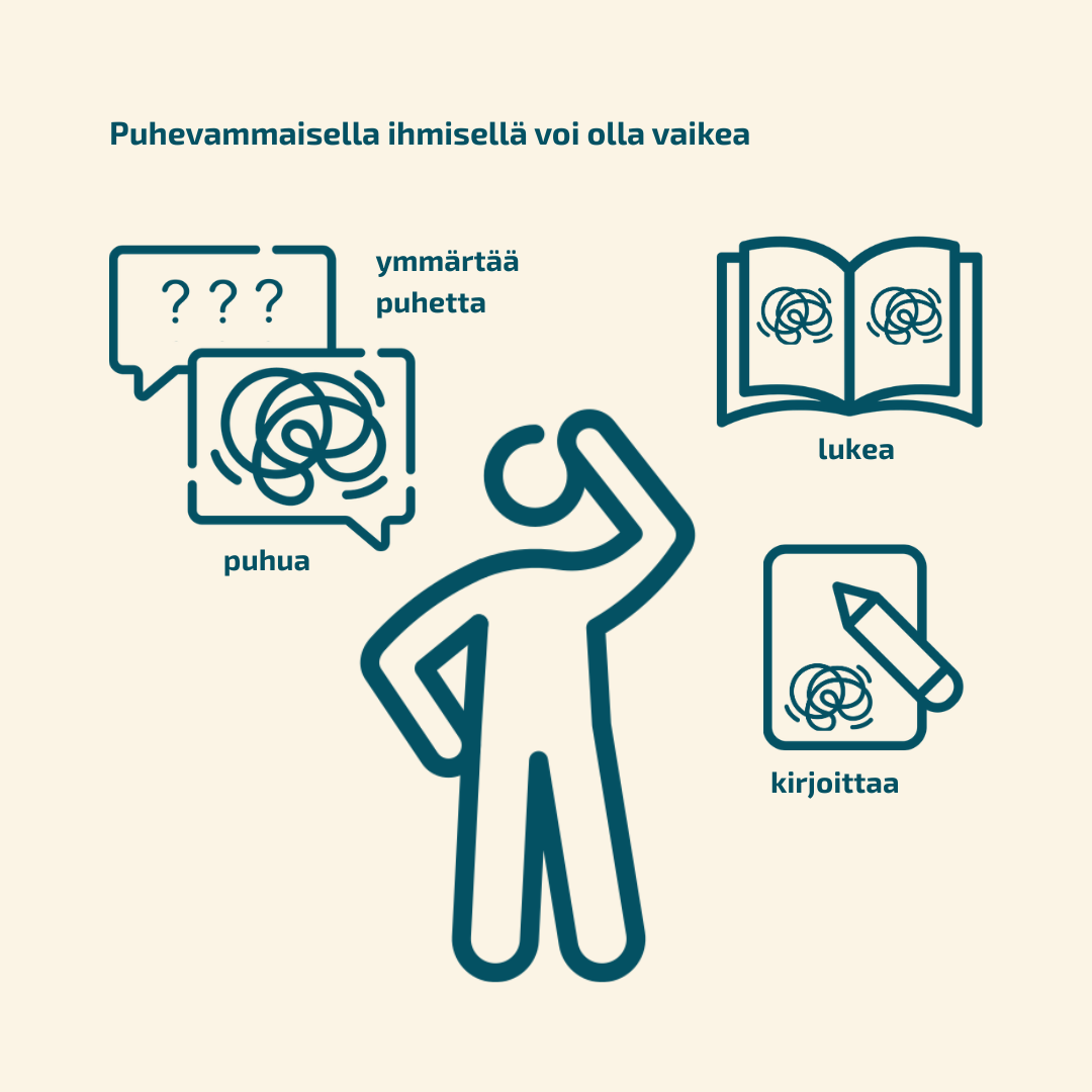 Puhevammaisella voi olla vaikeaa ymmärtää puhetta, puhua, lukea tai kirjoittaa.