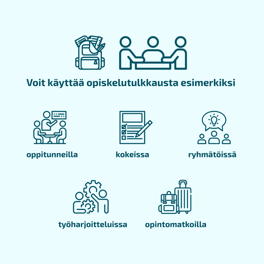 Voit käyttää opiskelutulkkausta esimerkiksi oppitunneilla, kokeissa, ryhmätöissä, työharjoitteluissa, opintomatkoilla.